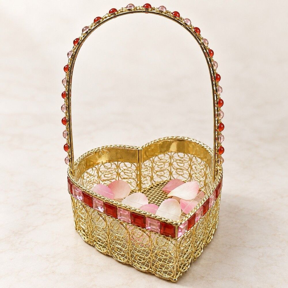 Gold Tone Heart Basket Pink Red Gems Wedding Flower Girl Valentine Decor 11 Inch